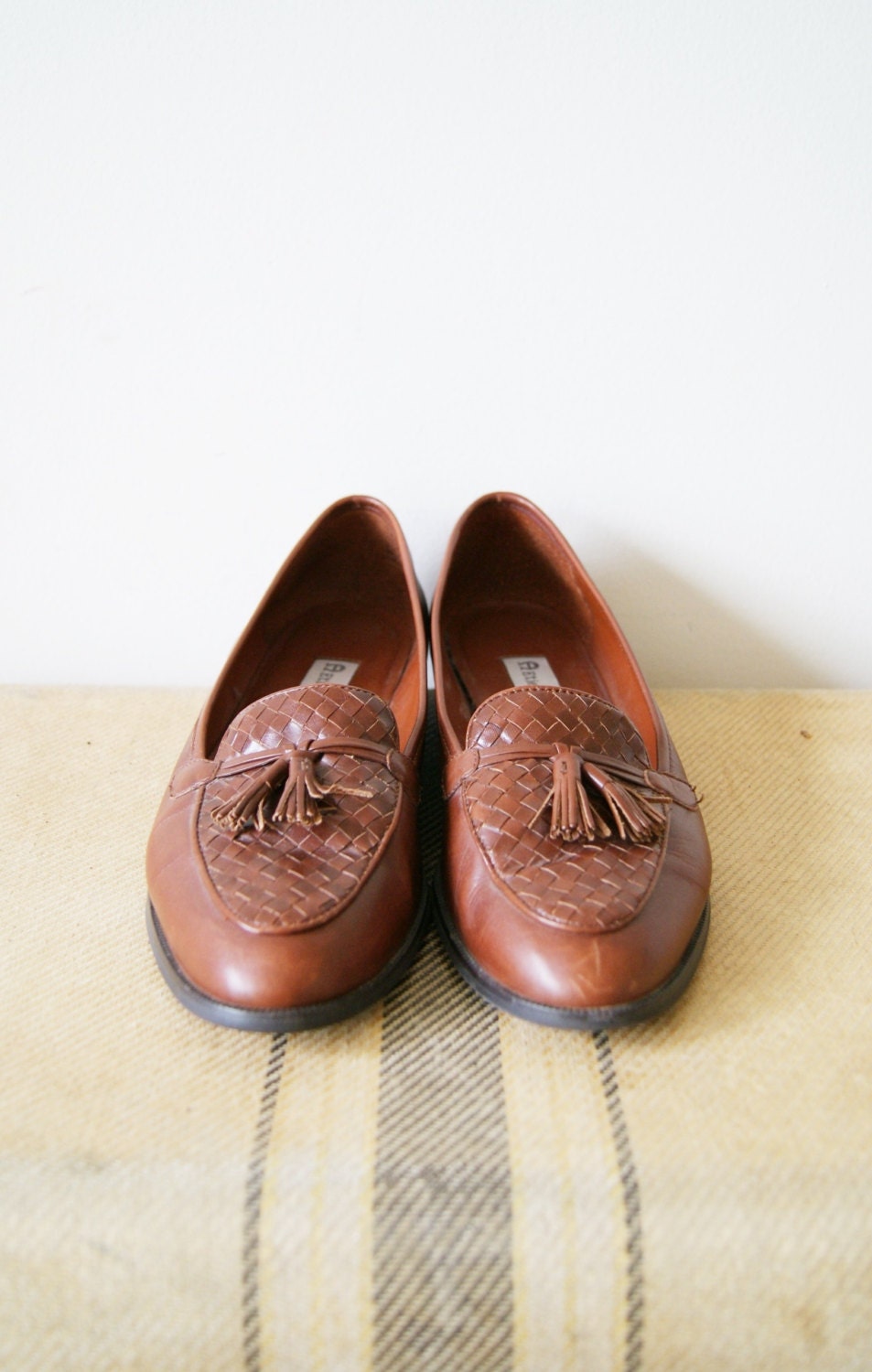 Vintage Aigner Loafers. Woven Leather Flats with Tassels. 80s Oxfords. Women's Size 8.
