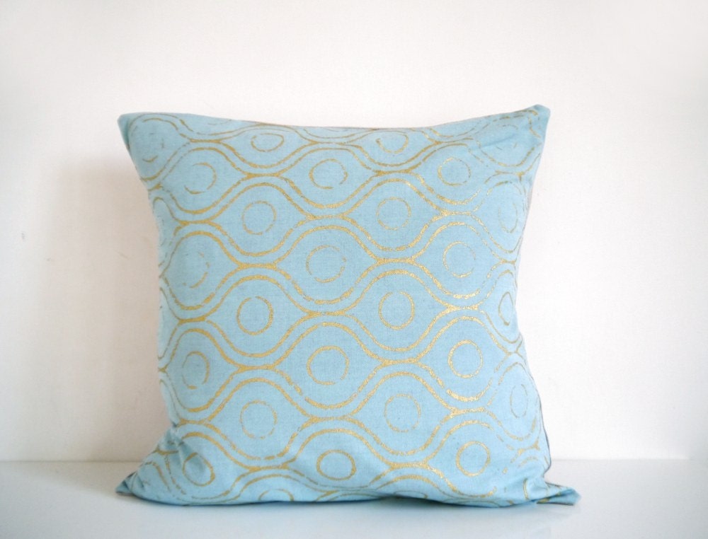 Aqua and gold pillow - metallic gold geometric print, decorative pillow, cushion cover, light blue pillow