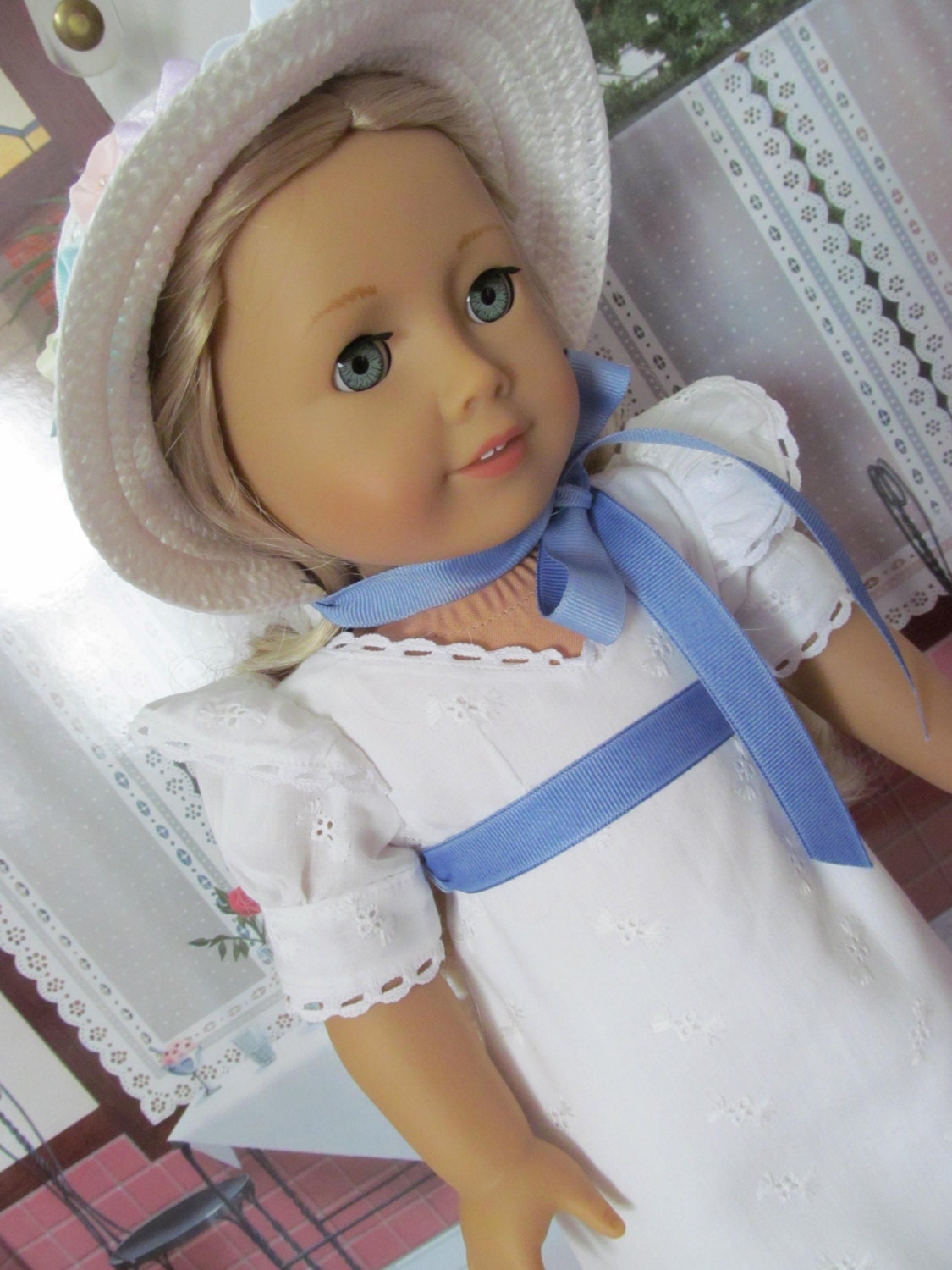 1812 Regency   Ensemble,  Eyelet Dress, Straw Bonnet