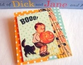Halloween Brooch - Boo Boy With Pumpkin And Black Cat - X Lg 3D Dimensional Paper and Chipboard Decoupage Pin Badge - Vintage Retro