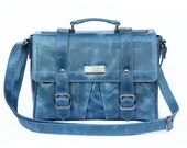 Luxury Leather Satchel in Denim Blue with Bird print lining