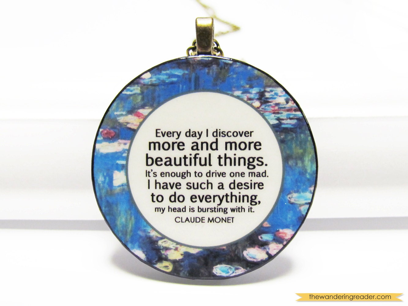 Inspirational Pendant Quote Necklace with Monet Water Lilies and "Beautiful Things" Quotation - Long Necklace in Bronze