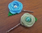 2 Felt Flower bobby pins - Wool Felt Rose Hair Clips - baby - toddler - child - adult