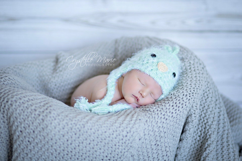 PINK, GREEN or BLUE Chick Bird Earflap Hat Spring Photo Prop - Newborn or Baby 0 - 3 months one green hat ready to ship