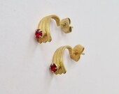 Vintage 80s Retro Art Deco Goldtone Gold Tone Prong Set Ruby Red Rhinestone Half Hoops Hoop Earrings