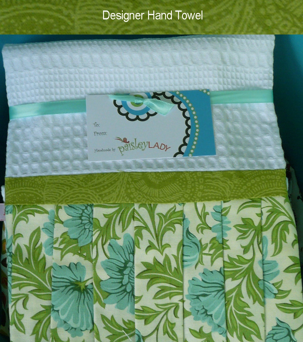 1 Handmade Towel, Turquoise Flower, Green Leaves Pleated Hand Towel, Kitchen Gift Towel, Tea Towel, Cooking Gift, Hostess Gift, Home Decor