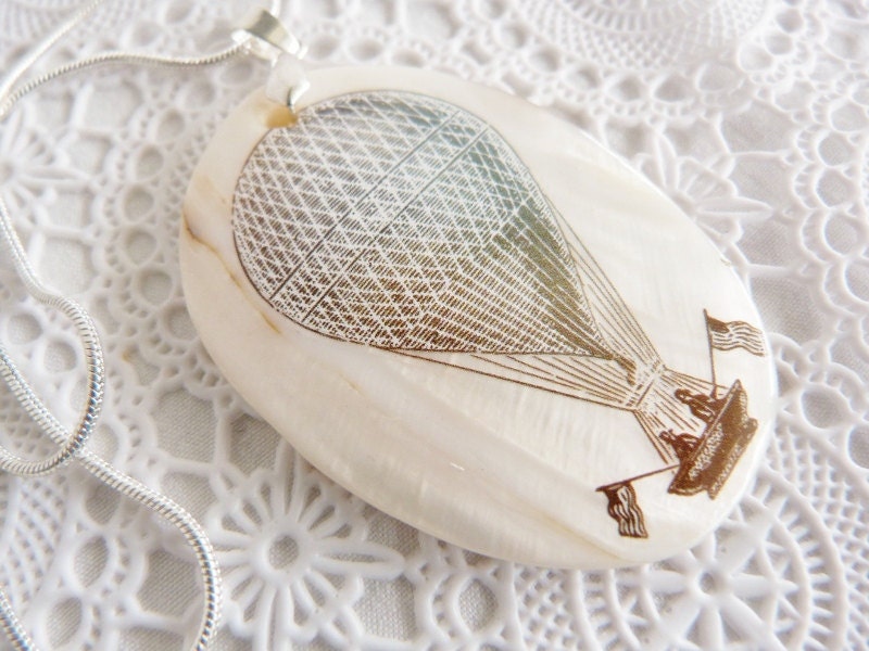 My Beautiful Balloon  - Vintage Hot Air Balloon Natural Shell Pendant  - Silver plated necklace