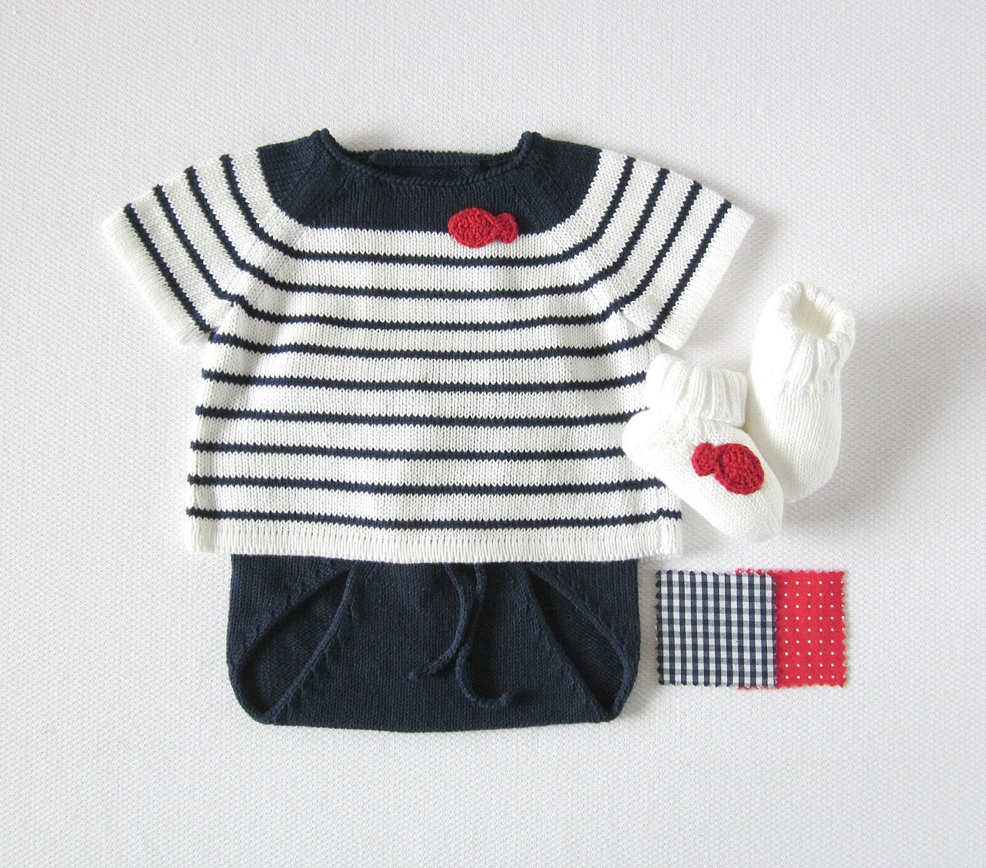 A knit sweater and a diaper cover with a red little fish. 100% cotton. READY TO SHIP in size Newborn.