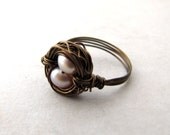 Birds Nest Ring Hummingbird Nest Pink Pearl Eggs Bronze Wire Wrapped Size 7