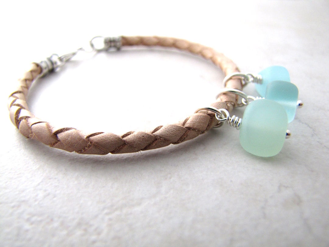 Seaglass Sea Glass Bracelet Aqua Leather Sea Sand Beach Ocean BellinaCreations Bellina Creation