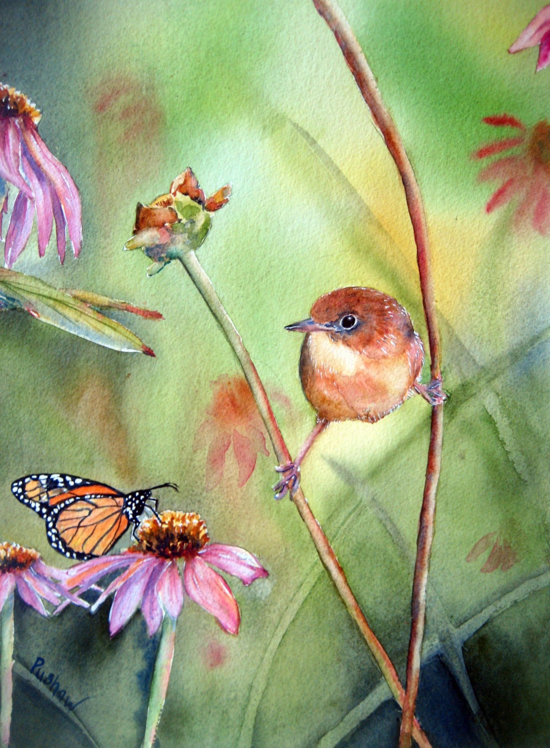 Hanging in There, print of original watercolor, monarch butterfly, common yellowthroat, bird art