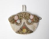 Vintage 1940s Belgian Glass Bead and Embroidered Flower Purse