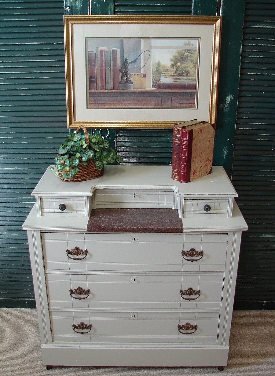 Antique Vintage Reclaimed White Shabby Chic Chest of Drawers Dresser w Marble (HAI) (CALL for a SHIP Quote)