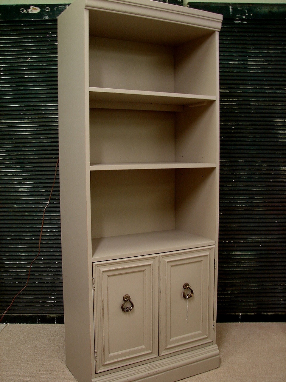Vintage Reclaimed Thomasville Mud Putty Gray Painted Distressed Lighted Bookcase Media Cabinet Chest Shelf (MLD) Call for SHIP QUOTE.