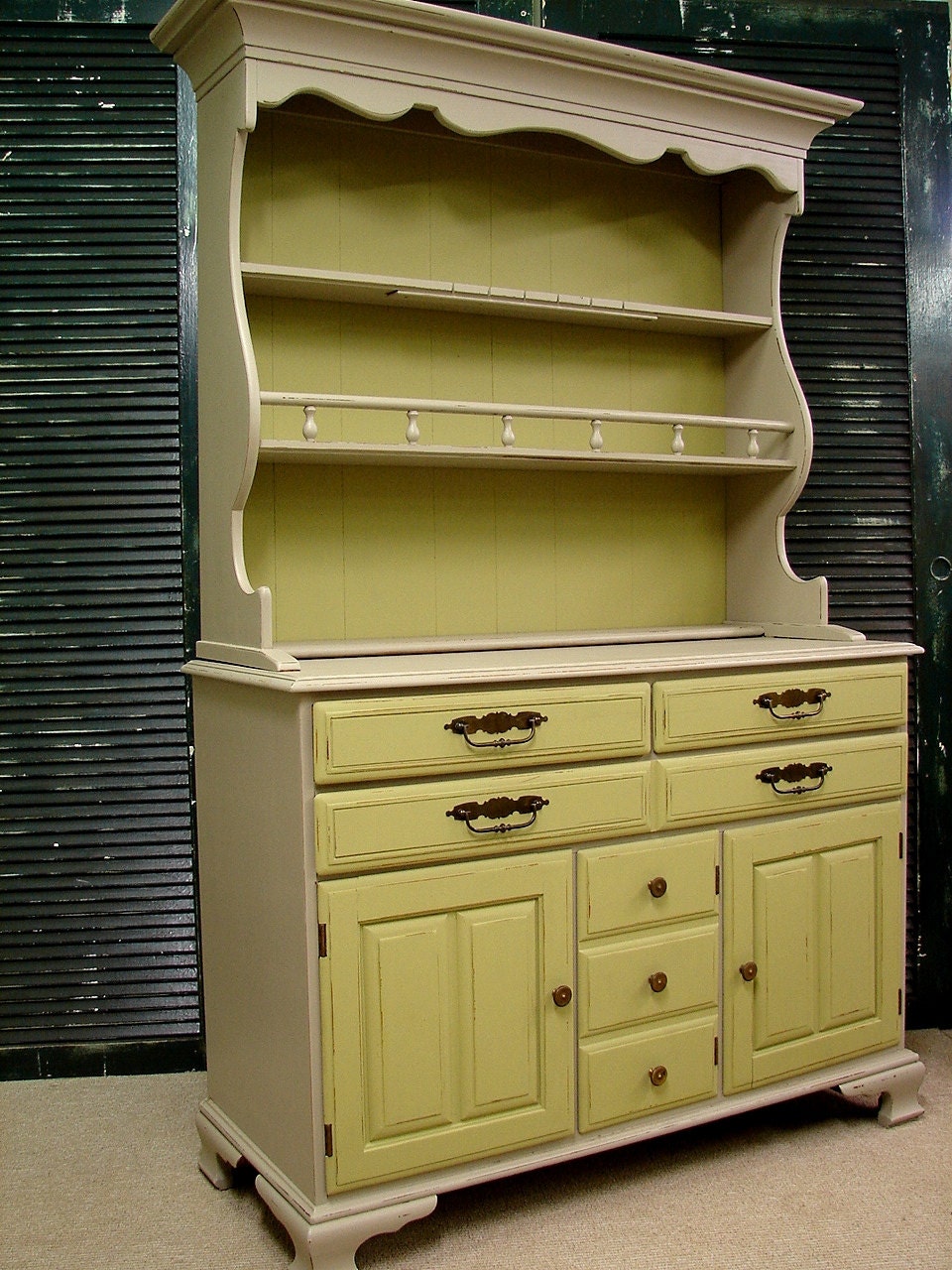Vintage Reclaimed Temple Stuart Colonial White and Lime Green Painted Cabinet Cupboard Hutch (HAI) Shipping is not free, call for a quote.