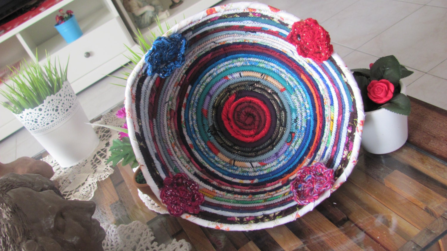 A HANDMADE COILED BASKET cotton fabric-rope quilted basket one of a kind directly from the artist