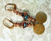 Dream Charm Peachy Plum Picasso Glass Earrings - Antiqued Copper Wire, Fancy Leaver Back Ear Wires