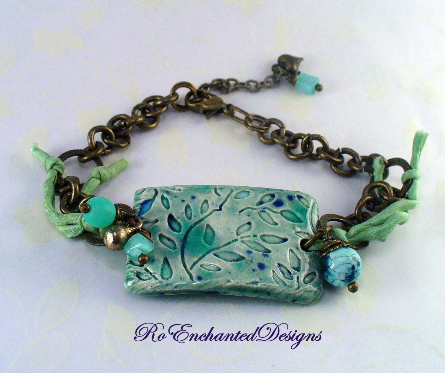 Blue Azure Leaf Pattern Handmade Pottery Cuff Bracelet - Brass Chain, Agate Charms, Silk Ribbon