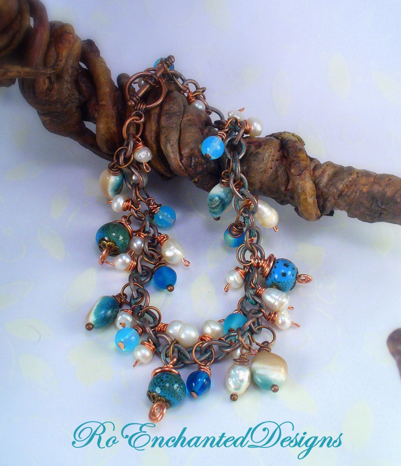 Copper Wire Wrapped Charms Bracelet - Aqua Glass Beads, Fresh Water Pearls, Shell Charms
