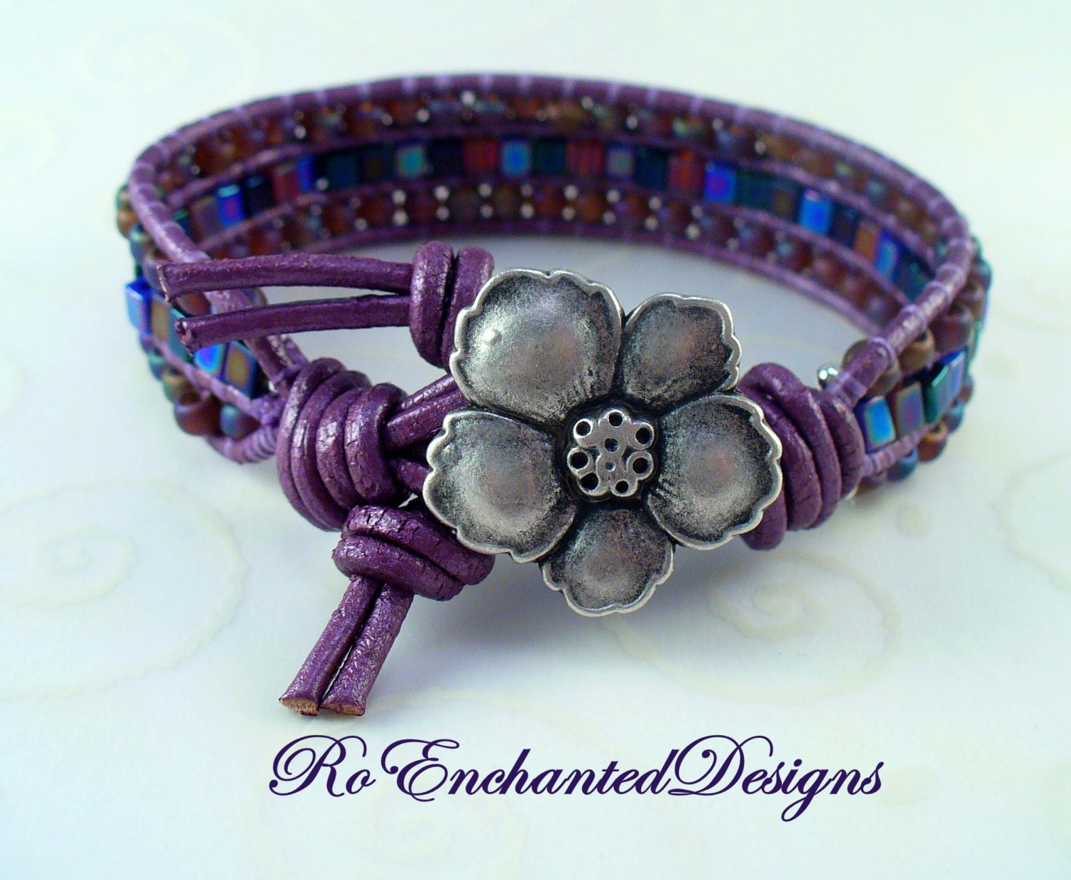 Triple Woven Orchid Cube Toho Beaded Bracelet - Antiqued Pewter Hibiscus Flower Button, Purple Leather