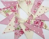 Fabric Bunting Shabby Chic Style Flowers and Dots  Cream and Pink 12  double sided flags Wedding, Christening, Baby Shower, Birthday Decor
