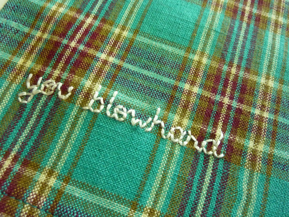 You Blowhard Plaid Hand Embroidered Handkerchief Pocketsquare