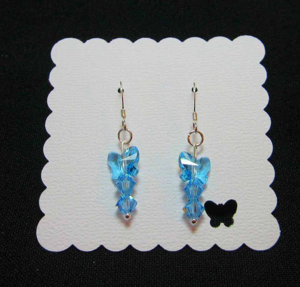 Sterling Silver Aqua Swarovski Butterfly and Bicone Earrings