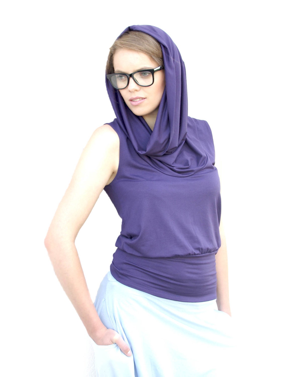 Elegant hoodie top, purple blouse, sleeveless hoodie top in chosen color