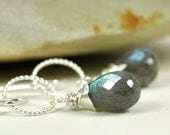 Labradorite Silver Hoop Earrings, Wire Wrapped Gemstones, Grey Blue Iridescent, Kristin Noel Designs
