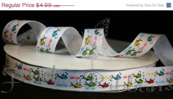 SPRING SALE Grosgrain Ribbon Dr. Seuss Inspired 1 Fish 2 Fish 5 yards 7/8"