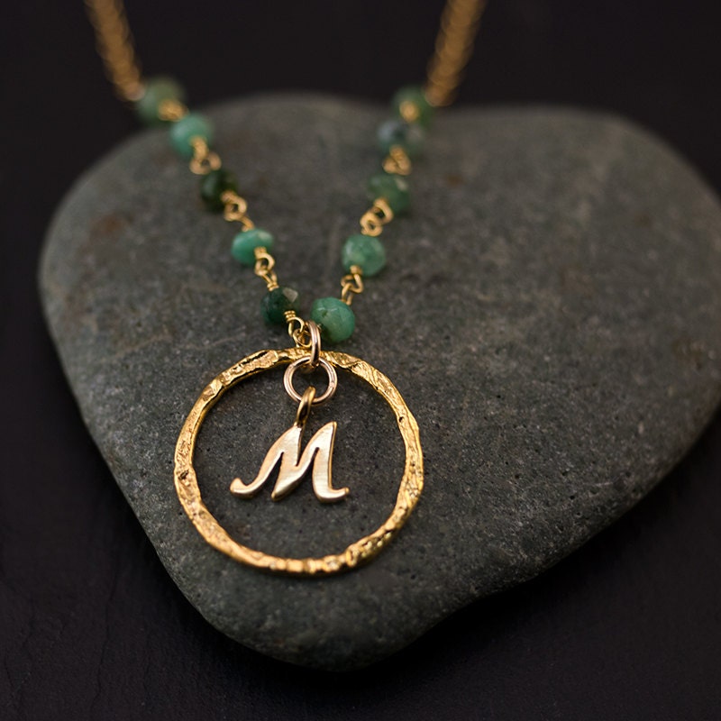 Personalized Initial Necklace - May Birthstone - Raw Emerald Necklace - Custom Initials - Wire wrapped chain