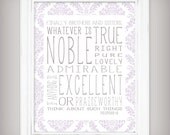 Scripture Verse 8x10 Art Print - Philippians 4:8 - Whatever is True - Lavender Damask with Gray Text