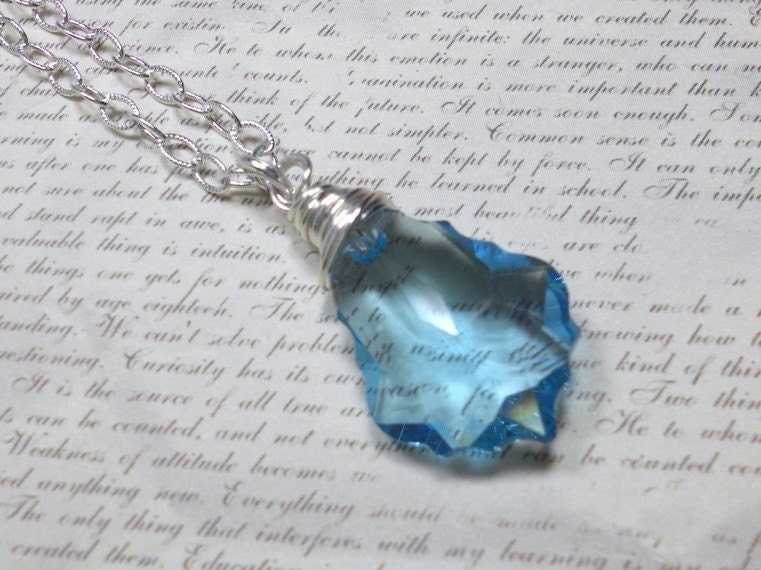 Swarovski Crystal Pendant Necklace, Baroque Aqua Pendant, Sterling Silver Chain, Wire Wrapped, Women's Jewelry, Romantic Jewelry