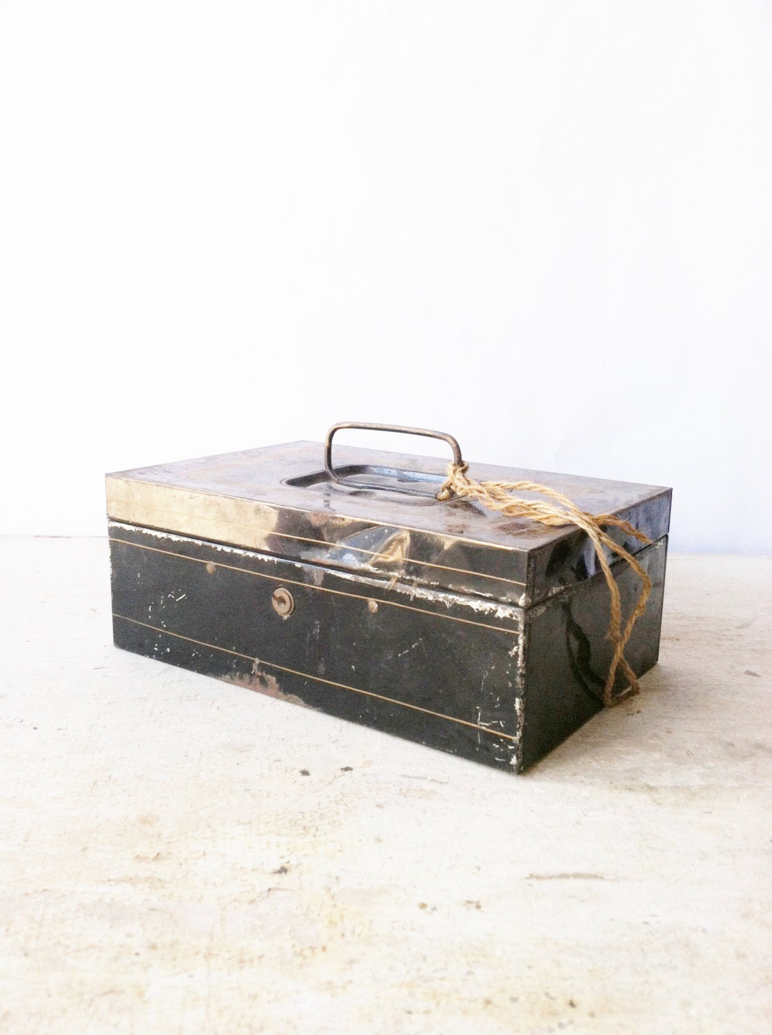 Tin Metal Lock Box Black and Gold Cash Box