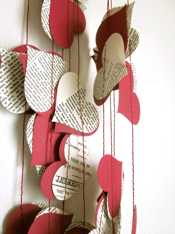 Valentine's Day - Red Heart Garland - Wedding Garland - Upcycled Paper Hearts - Love Garland