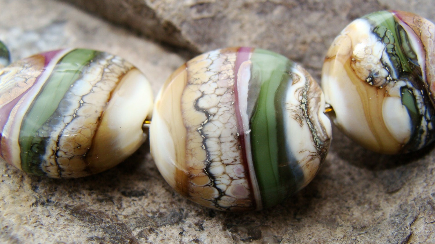 Summer warmth, purple, gree, ivory, silver, handmade lampwork glass beads, set -7 for beading or  jewelry supplies, CGGE Team