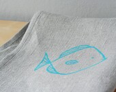 Teal fish dishcloth - Grey flax linen tea towel with teal little fish - Eco friendly dishcloth