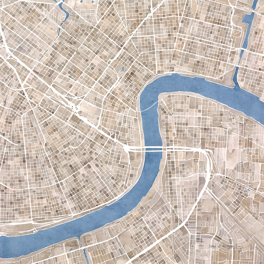 New Orleans 12x12 Print Sepia Cobblestone Blue Watercolor City Map Print Map Decor