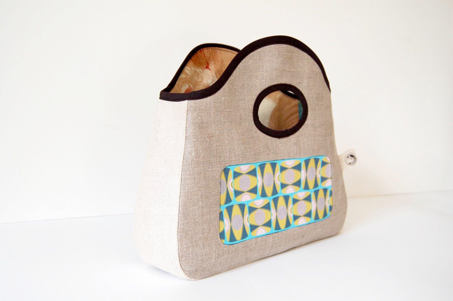 Handbag, clutch bag printed linen retro abstract 'A.T.V,' design, vintage fabric lining