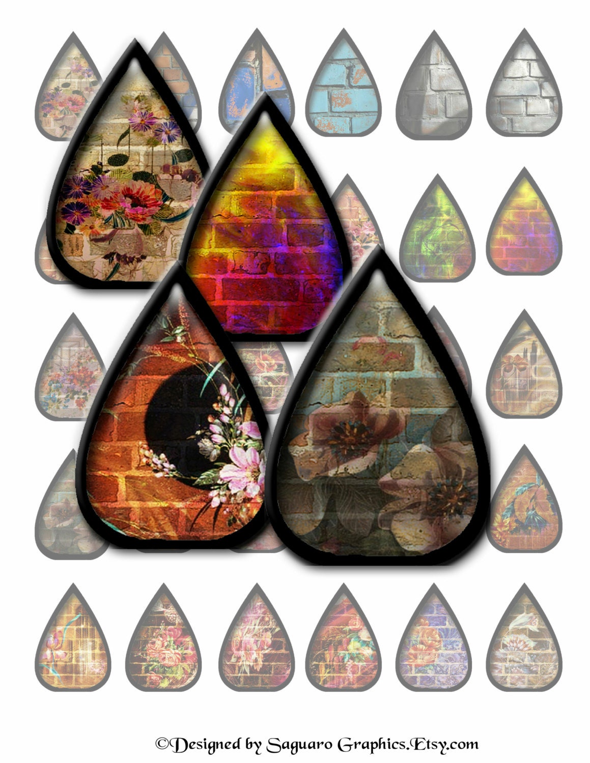 TEARDROP FLORAL WALLS - 28x40mm - Digital Collage Sheet for Pendants, Cabochons, Arts & Crafts Projects