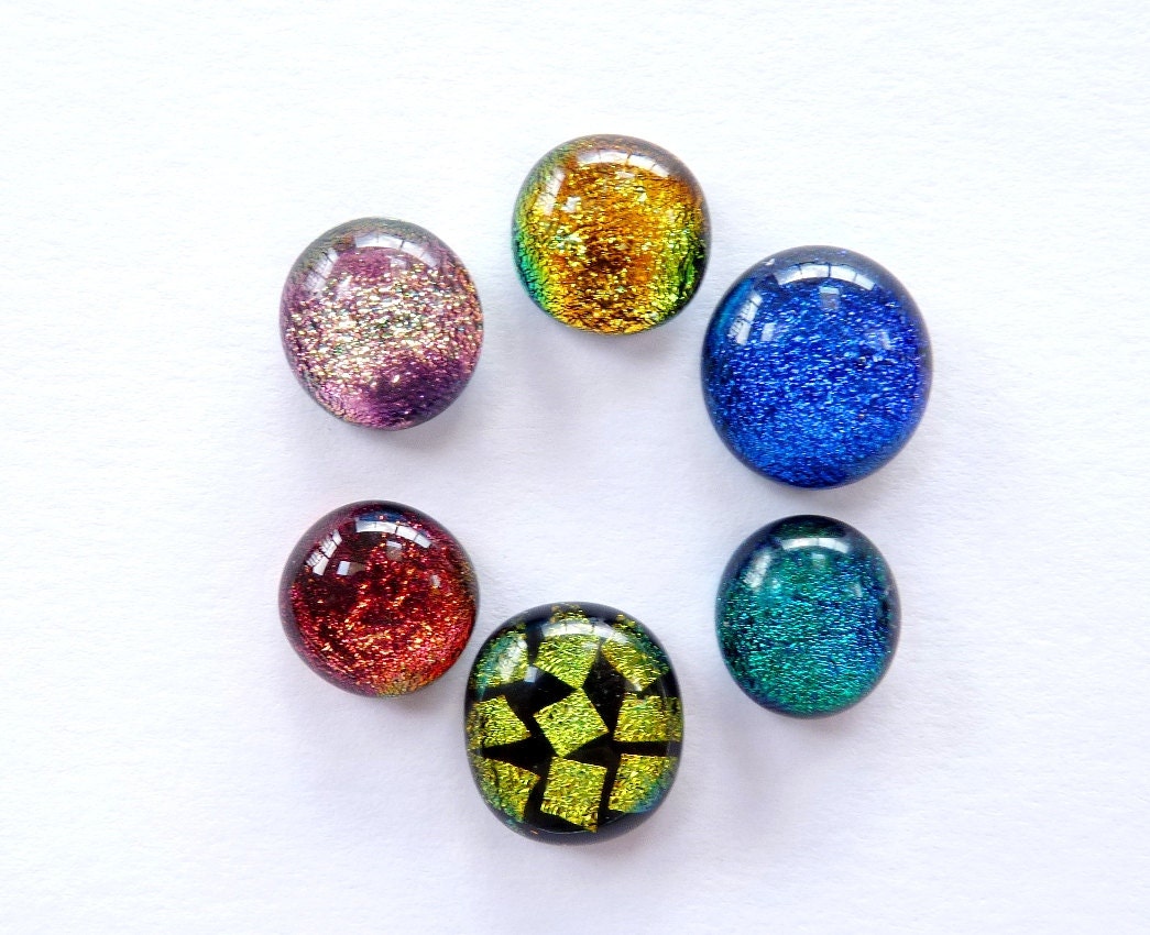 Fused dichroic glass cabochons, 6 multicoloured dichroic glass cabs for jewelry making and crafting