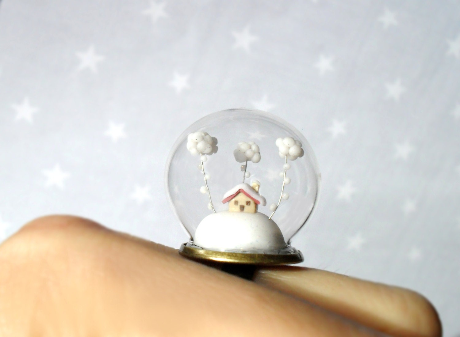 Christmas Ring Snow-covered landscape-Little house and white clouds- Winter Terrarium ring.