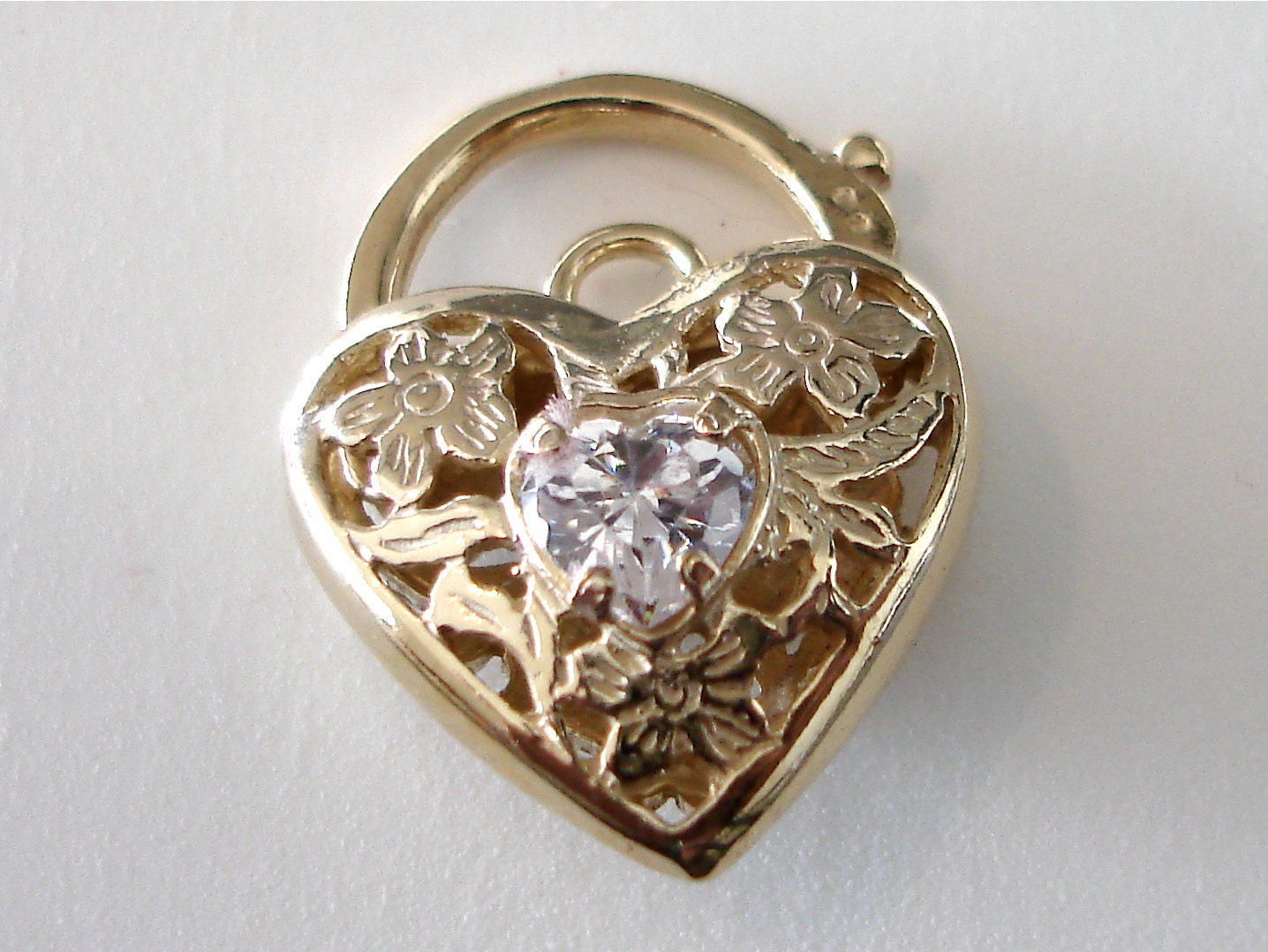 Large Sterling Silver Gold Plated Pierced Heart Padlock Set with a Sparkling Faceted White Heart Gemstone for on a Charm Bracelet