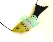 Funky  fish, art to wear, fish necklace, yellow green, art jewelry, fish pendant, textile jewelry