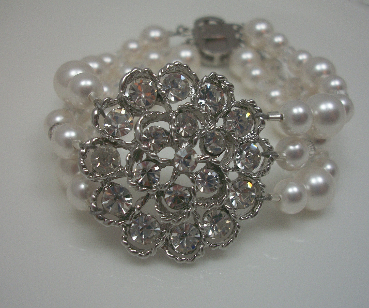 Triple Strand Swarovski Crystal Pearl and Rhinestone Brooch Bridal Bracelet, The Barbara