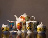Made to Order Hogwarts Tea Set - 15 piece hand-painted tea set - White with Hogwarts crest, individual house crests, and quotes.