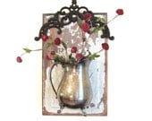 Vintage Silver Pitcher and Chippy Painted White Wood Panel Wall Plant/Floral Holder