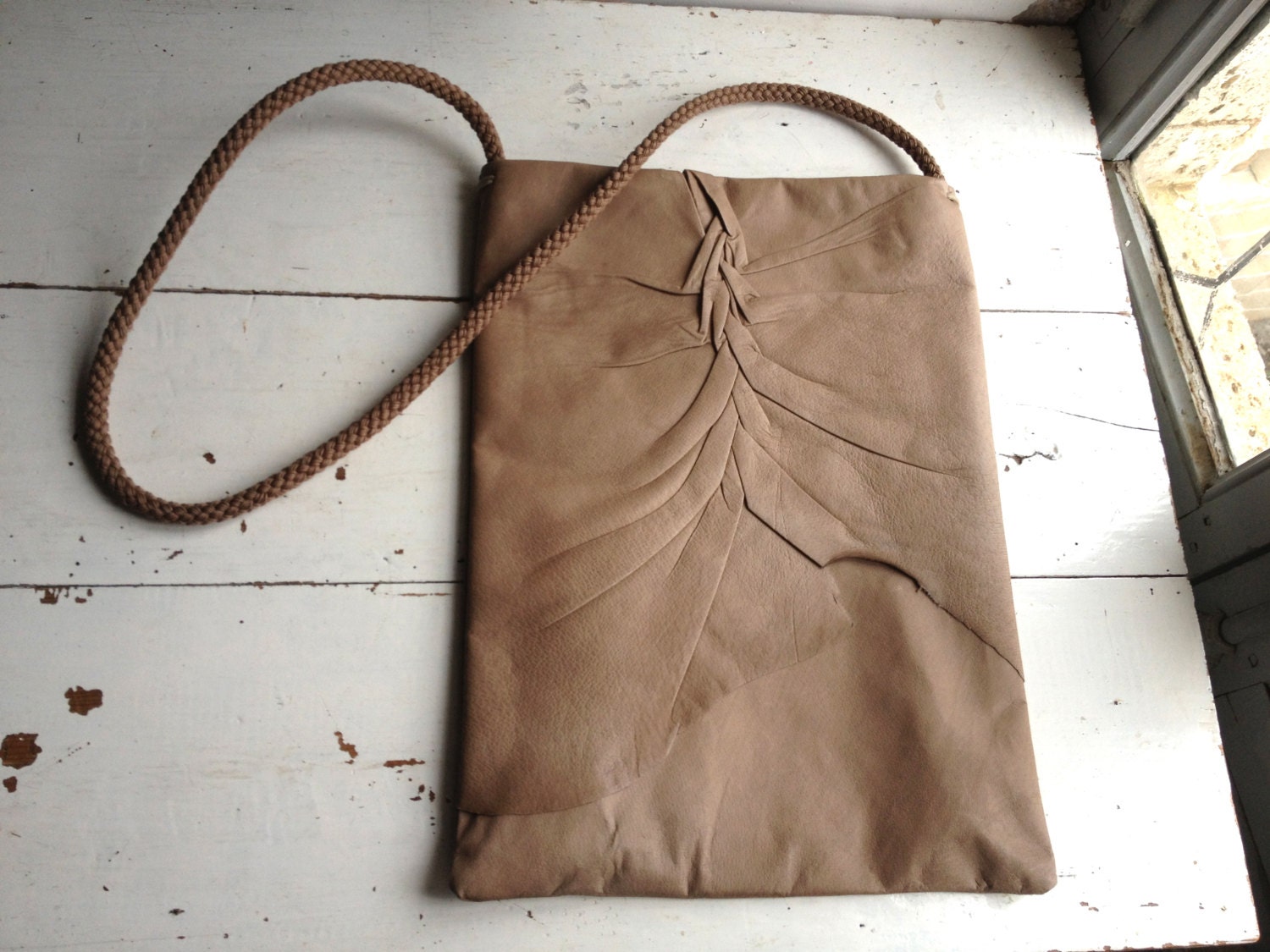Taupe Leather Tote with Pleated Detail and Rope Strap - Ready to Ship