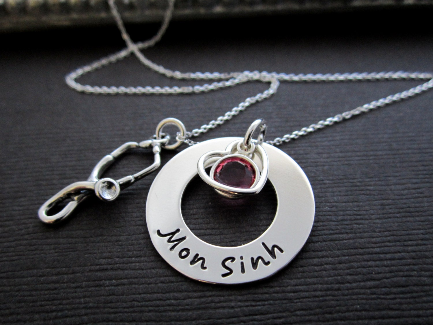 RN/ LPN Nurse Stethoscope Necklaces, Nurse Jewelry Graduating Gift w/ Necklace, Sterling Silver, Open Heart, Birthstone in Sterling Silver