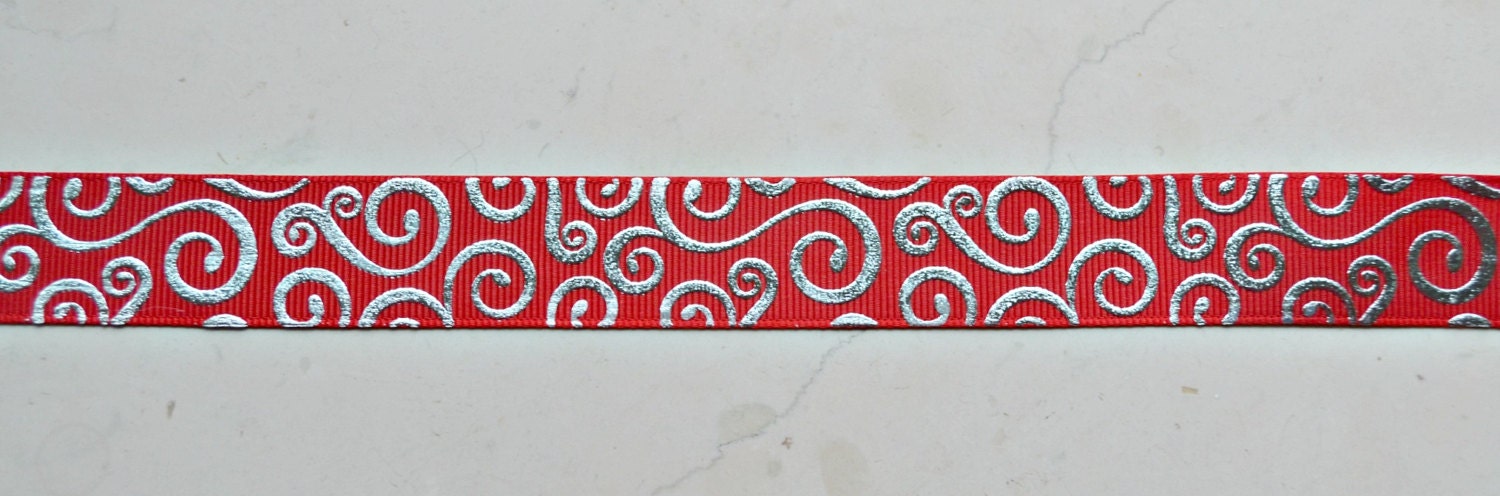 Elegant silver foil swirls on red 7/8" grosgrain ribbon Il_170x135